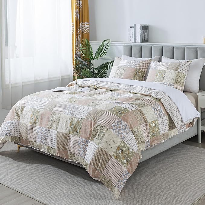 HoneiLife Duvet Dover Queen Size - 100% Cotton Comforter Cover, Checkered Bedlinen Set with Zipper Closure & Corner Ties, 3-PC Rustic Comforter Cover Sets