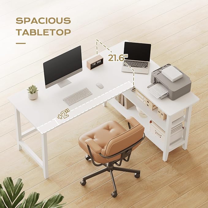 IOTXY Reversible L-Shaped Office Desk - 53" Modern Corner Computer Table with Storage Shelves, Solid Wood Legs, Home Writing & Study Workstation, White