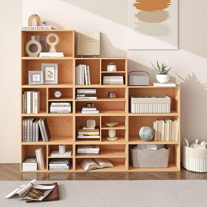 3 Cube Organizer Bookcase, Easy Assembly Wooden Open Shelving Unit Book Shelf, Expandable Storage Shelves for Living Room, Office, Bedroom, Beech Color (1 Set)