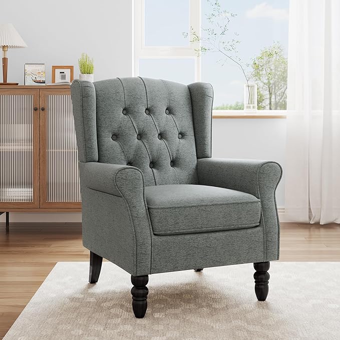 Accent Chair, High Back Upholstered Chair with Button Tufted, Mid-Century Modern Comfy Wingback Chair Reading Armchair in Fabric for Living Room for Bedroom, Office-Gray