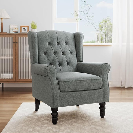 Accent Chair, High Back Upholstered Chair with Button Tufted, Mid-Century Modern Comfy Wingback Chair Reading Armchair in Fabric for Living Room for Bedroom, Office-Gray