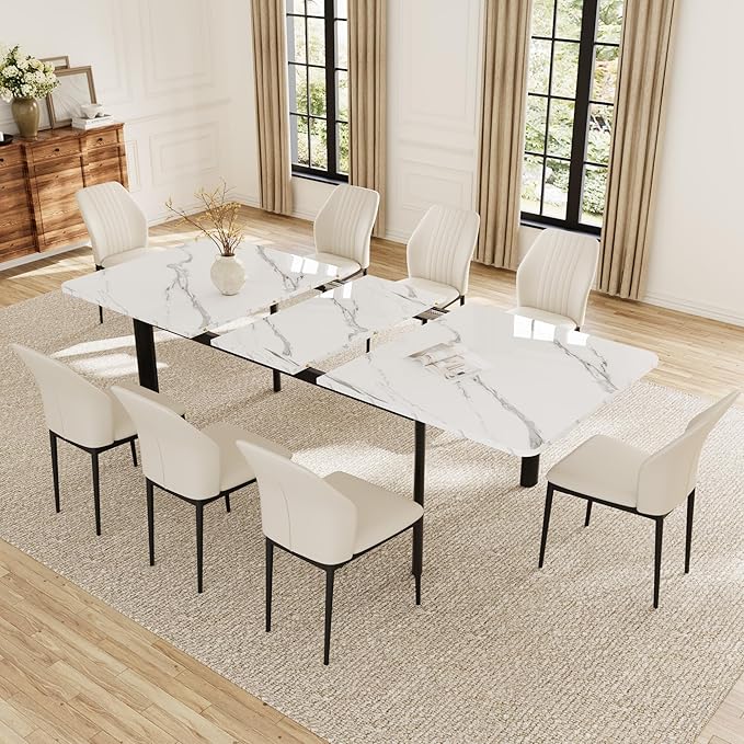 Extendable Dining Table Set for 6-8 People, 63 to 78.7 Inch MDF Kitchen Table with 8 Faux Leather Dining Chairs, Space-Saving for Dining Room, Breakfast Nook (White Table & 8 White Chairs)