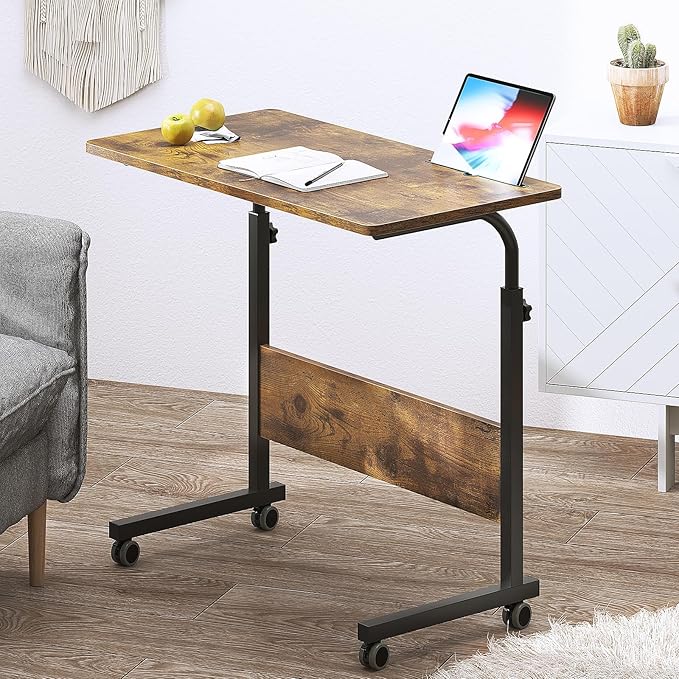 DlandHome Rolling Desk Adjustable Standing Desk, Mobile Side Table 31.4 Inches w/Wheels Adjustable C Table Movable Portable Laptop Computer Stand for Bed Sofa,Retro