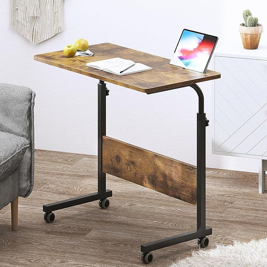 DlandHome Rolling Desk Adjustable Standing Desk, Mobile Side Table 31.4 Inches w/Wheels Adjustable C Table Movable Portable Laptop Computer Stand for Bed Sofa,Retro