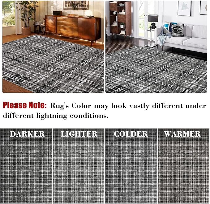 Washable Area Rug 6x9 Rugs for Living Room Soft Bedroom Rug Modern Plaid Black Rug Non Slip Throw Rugs Non Shedding Stain Resistant Carpet for Nursery Dining Room Office 6'x9' Black/Grey