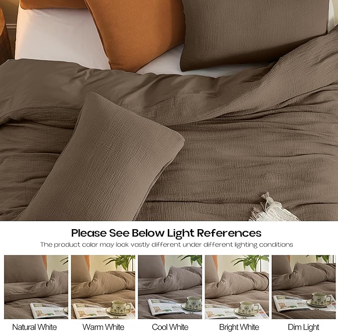Simple&Opulence Linen Muslin Duvet Cover Set California King, 3Pcs Brown Linen Cotton 3-Layer Gauze Minimalist Comforter Cover 104”x98”, Ultra Soft Breathable Seersucker Bedding Set with 2 Pillowcases