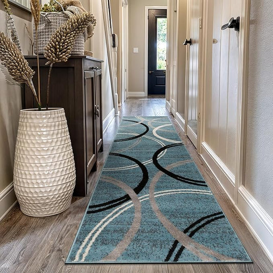 Rugshop Modern Wavy Circles Design Runner Rug, Carpet with Jute Backing for Hallway, Entryway, or Kitchen, Blue, 2'7" x 10'