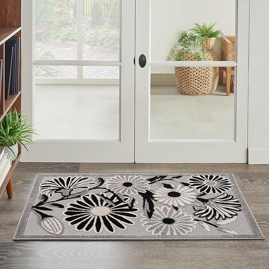 Nourison Home Aloha Black White 2'8" x 4' Area Rug - Easy Clean, Non Shedding, Bed Room, Living Room, Dining Room, Kitchen (3' x 4')