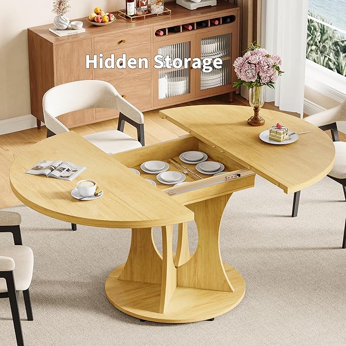 iPormis 43.3-59 Inch Extendable Round Dining Table for 6-8 People, Oval Dinner Table with Adjustable Top and A Stable Round Pedestal Base, Space Saving Wooden Kitchen and Dining Table, Oak