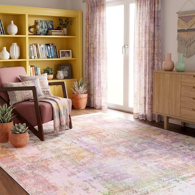 Kokia Abstract Area Rugs Living Room Washable Low Pile 4x6 Non-Slip Indoor Decor Pink Orange Carpet Foldable Stain Resistant Ombre Rugs Bedroom Dining Room, Oslo Liora