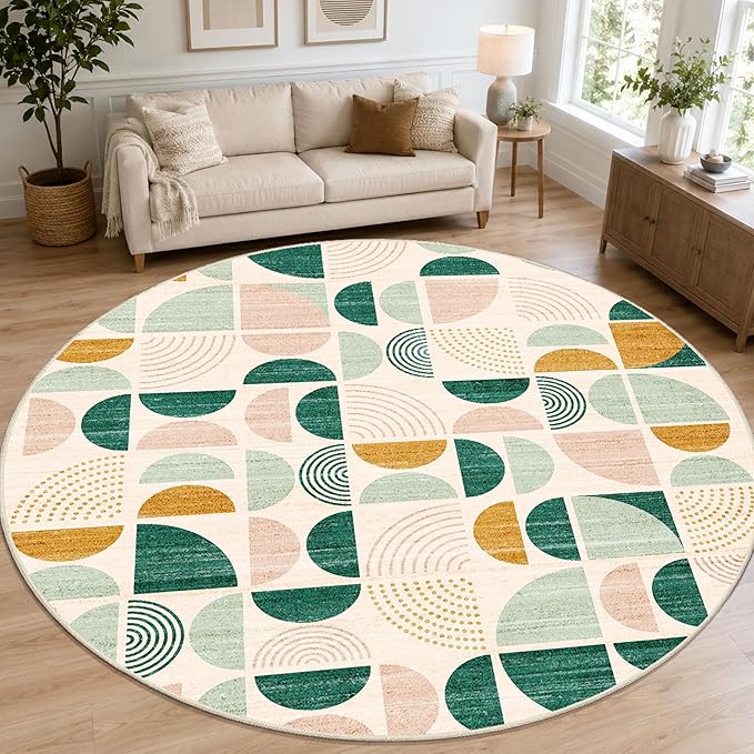 MUJOO Round Rugs 9ft,Circle Area Rug Washable,Circular Rugs for Living Room Dining Room,Large Boho Non Slip Throw Floor Carpet Modern Abstract Sage Green