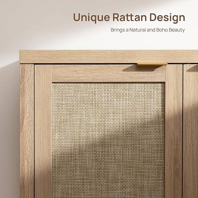 SICOTAS Rattan Cabinet Sideboard Buffet Storage Cabinet - 3 Pieces Farmhouse Boho Credenza Coffee Bar Cabinet with Rattan Decorated Doors for Kitchen Living Room - Light Oak