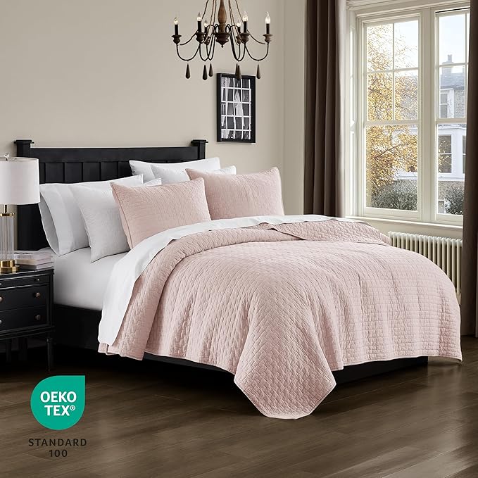 palassio Pink 100% Cotton Quilt Queen Size Bedding Sets with 2 Pillow Shams, Textured Lightweight Soft Bedspread Shabby Chic Coverlet, Quilted Comforter Bed Cover for All Season, 3 Pieces