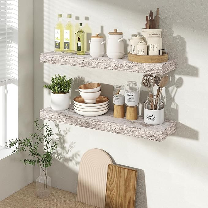 24 Inch Floating Shelves for Wall 2 Pack, 24" Wall Shelves for Books, Storage, Decor, Wall Mounted Floating Shelf with Invisible Brackets for Kitchen, Living Room, Rustic