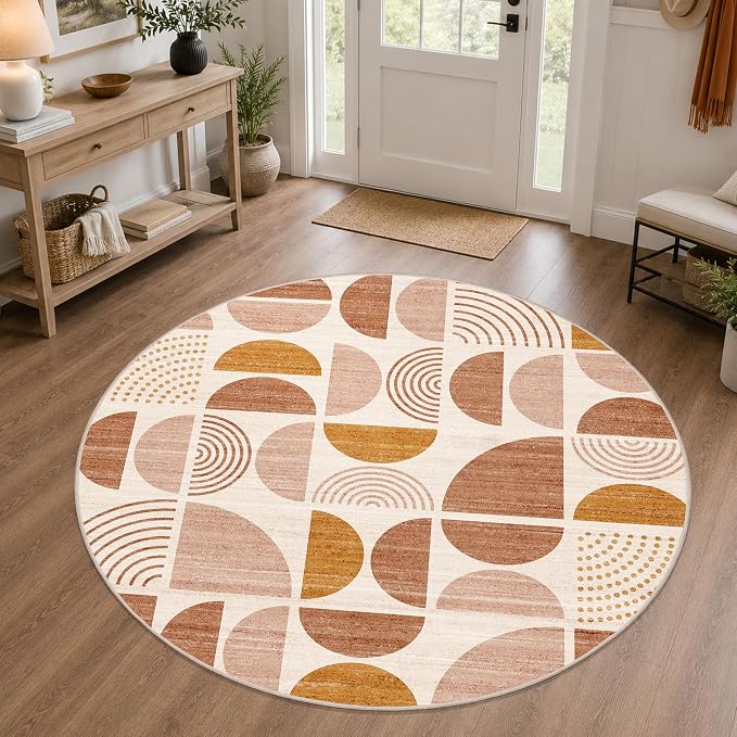 MUJOO Round Rugs 6ft,Circle Area Rug Washable,Circular Rugs for Living Room Dining Room,Large Boho Non Slip Throw Floor Carpet Modern Abstract Bohemian Orange
