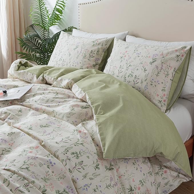 HoneiLife Floral Duvet Cover Queen - 100% Cotton Comforter Cover, Botanical Bedlinen Set for Queen Beds, 3-Piece Wildflower Comforter Cover Sets