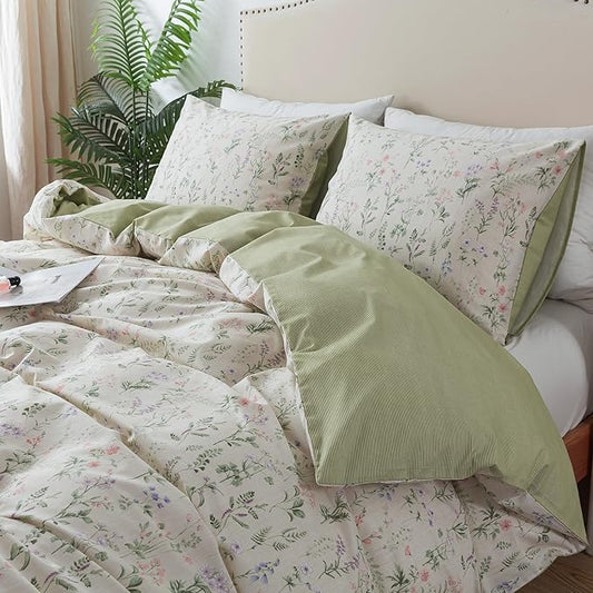 HoneiLife Floral Duvet Cover Queen - 100% Cotton Comforter Cover, Botanical Bedlinen Set for Queen Beds, 3-Piece Wildflower Comforter Cover Sets