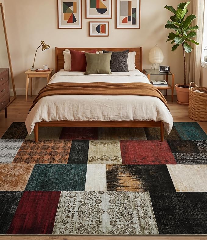 YIHOUSE Mid Century Modern Cowboy Area Rug 6x9 for Living Room,Retro Patchwork Rug Non Slip,Red and Brown Floral Farmhouse Rugs Washable, Geometric Boho Area Rug for Kitchen,Dining Room,Bedroom