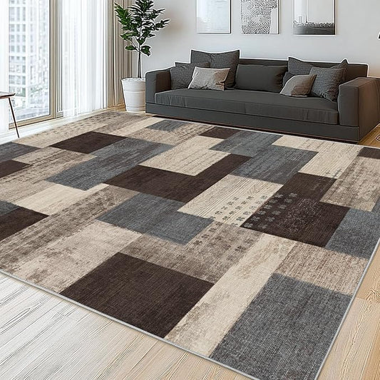 Modern Geometric Patchwork Indoor Area Rug for Living Room, Blue-Taupe 4'x 6' Large Rug Rockwood Collection Hardwood Floors Decor for Bedroom, Blue Throw Carpet for Office Entryway Dining Room