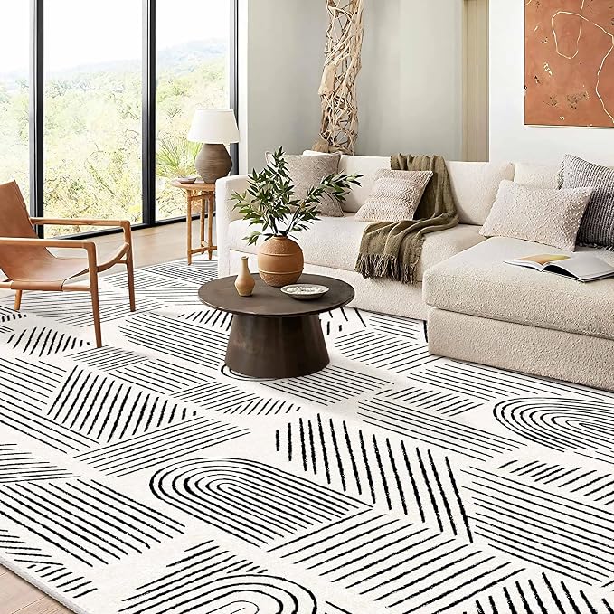MUJOO 8x10 Washable Area Rug,Mid Century Modern Abstract Non Slip Low Pile Rug,White and Black Large Rug for Living Room Bedroom Dining Room