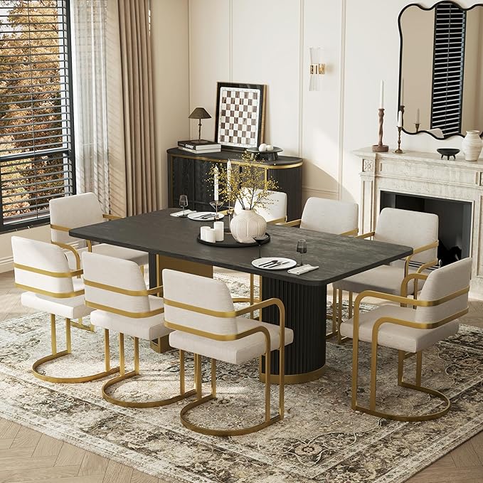 AUZ 78” Luxury Dining Table for 6-8, Farmhouse Wood Dining Room Table with Fluted Design and Brushed Metal Base, Large Rectangular Kitchen Table, Black and Gold