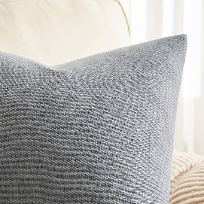 ZeeMart Rustic Cotton Linen Throw Pillow Covers Set of 2, 16x16 Inch Blue Ashes, Farmhouse Style Decorative Couch Pillow Cases Cushion Covers for Sofa Bed Living Room Home Decor