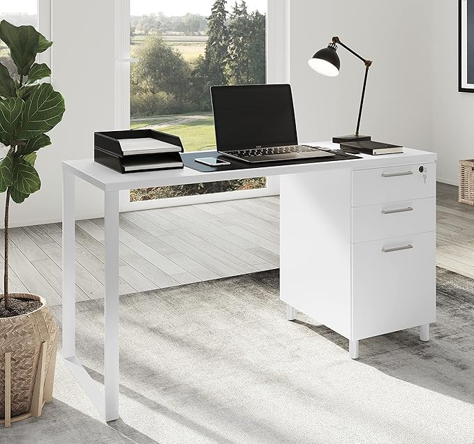 Modern Design Milano Office Desk with 3 Locking Drawers, 48 Inch White Industrial Wood Desk with Filing Drawer and Storage, by Crafts and Comfort