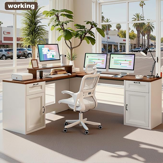 HUAHUU 78" Farmhouse L Shaped Executive Desk with Drawers, Modern Computer Desk with Power Outlets, Office Writing Desk with Monitor Stand & Storage Cabinet, Printer Shelf, Antique White