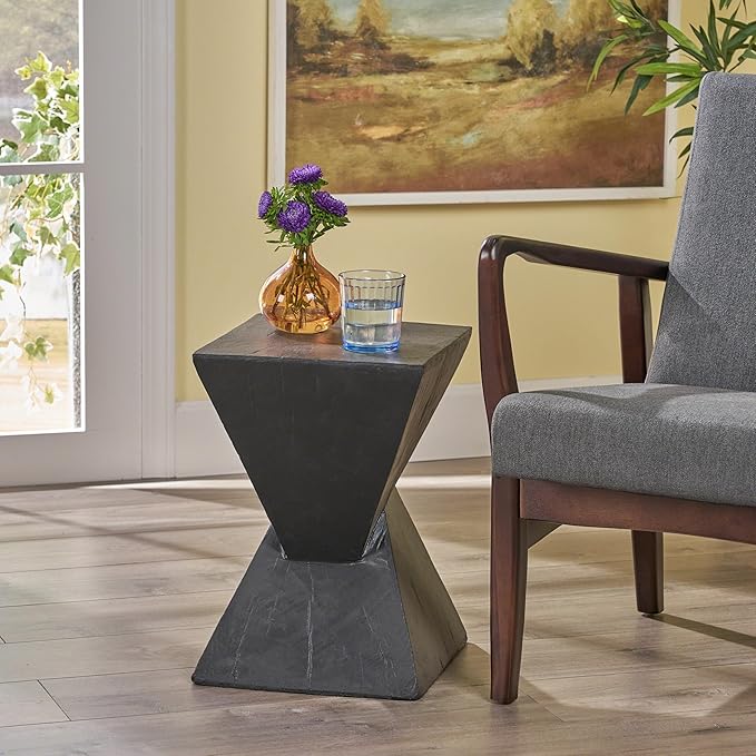 ø12.5'' Square Hourglass Side Table End Table for Living Room, Modern Retro Style, Magnesium Oxide & Light Weight for Indoor & Outdoor, No Assembly, Wood Grain, Black