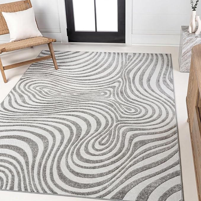 JONATHAN Y Maribo High-Low Abstract Striped Gray/Ivory 12x15 Indoor/Outdoor Area Rug, Pet Friendly, Non-Shedding, Stain Resistant, Easy-Cleaning for Backyard, Patio, Porch (SCN103B-15)
