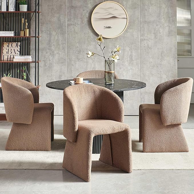NORDICANA 5-Piece Round Dining Table Set for 4, Modern 47-Inch Kitchen Table and Chair Set, Dining Set with Brown Upholstered Armchairs, Manufactured Wood Top with Black Marble Effect Finish