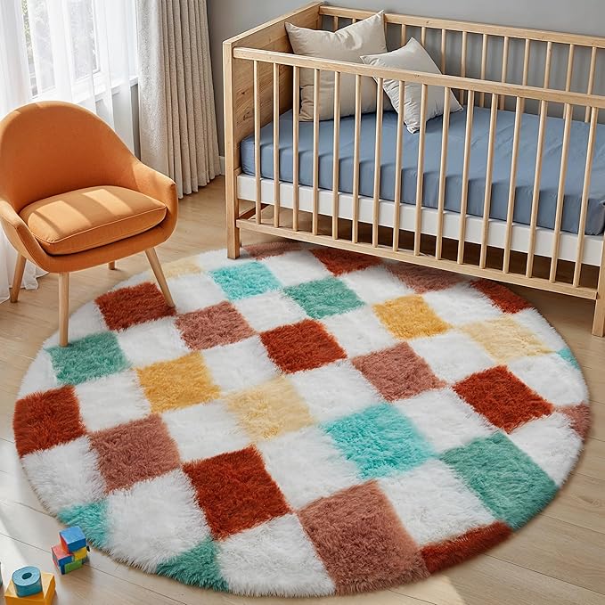 Checkered Rug 4x4 for Living Room, Colorful Modern Shag Super Soft Washable Fluffy Rugs Indoor Fuzzy Carpet for Bedroom Home Dorm Aesthetic Decor