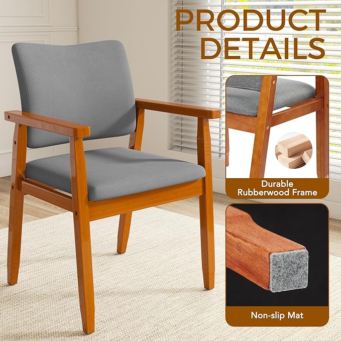 Set of 2 Mid Century Modern Walnut Dining Chairs Wood Arm Grey Fabric Kitchen Cafe Living Room Decor Furniture