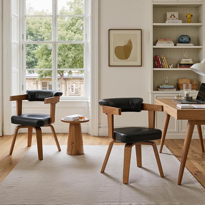 Art Leon Home Office Desk Chair - Mid Century Modern Chair, Faux Leather Office Chair No Wheels, Comfy Accent Arm Chair with Wood Legs for Small Spaces Living Room Bedroom Study, Black/Walnut