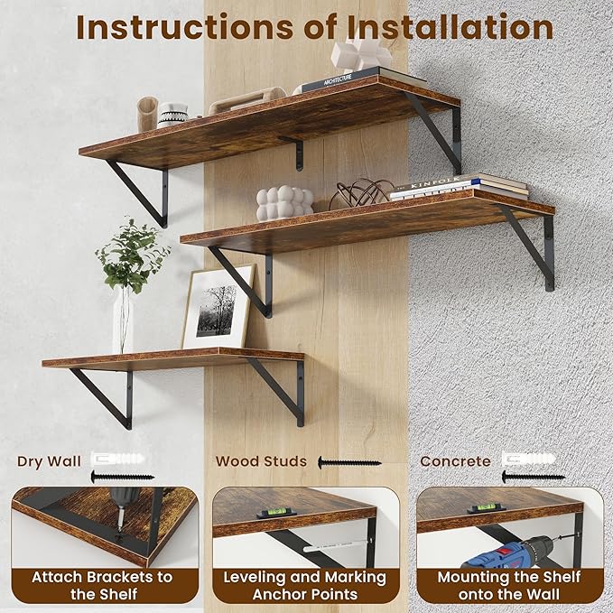Floating Shelves with Black Metal Brackets Set of 2,30" Wx8 D Wall Mounted Shelves Floating Bookshelf,Hanging Storage Shelf for Living Room,Bedroom,Bathroom,Office,Rustic Brown