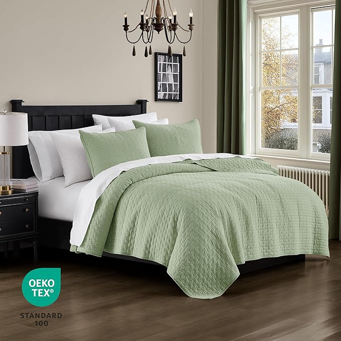 palassio Sage Green 100% Cotton Quilt King Size Bedding Sets with 2 Pillow Shams, Textured Lightweight Soft Bedspread Shabby Chic Coverlet, Quilted Comforter Bed Cover for All Season, 3 Pieces