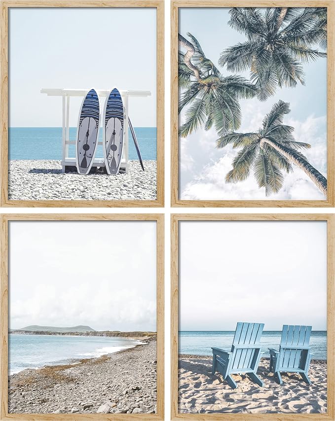 SIGNWIN Poster Bathroom Decor, Wall Art Room Decor Multicolor for Living Room, Bedroom, Office White Surfboard Tropical Palm Tree Beach Shore Nature Wilderness Realism Landscape Colorful - 12"x16"x4
