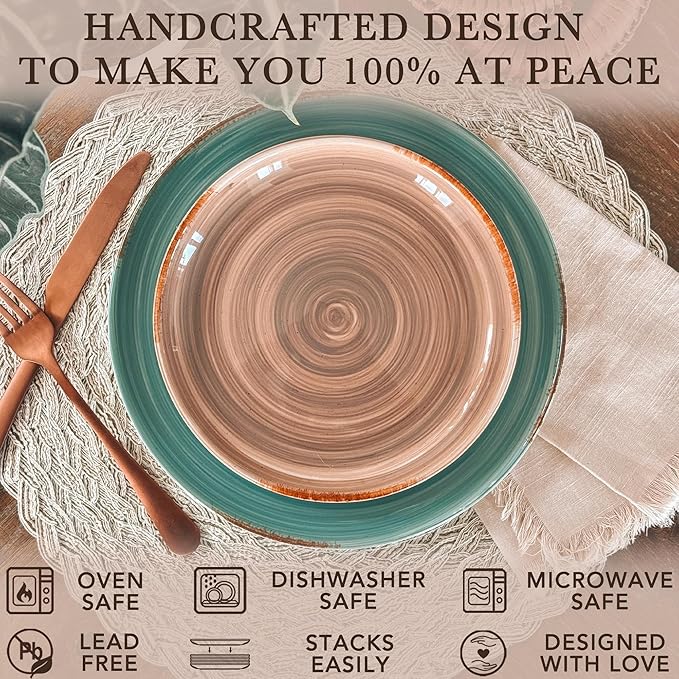 MORA Ceramic Helix Swirl Salad Plates Set of 6, 8in Spiral Porcelain Dish for Kitchen, Small Dinner, Lunch, Appetizer, Dessert, etc - Dishwasher, Microwave, Freezer, Oven Safe Dishware - Earth Colors