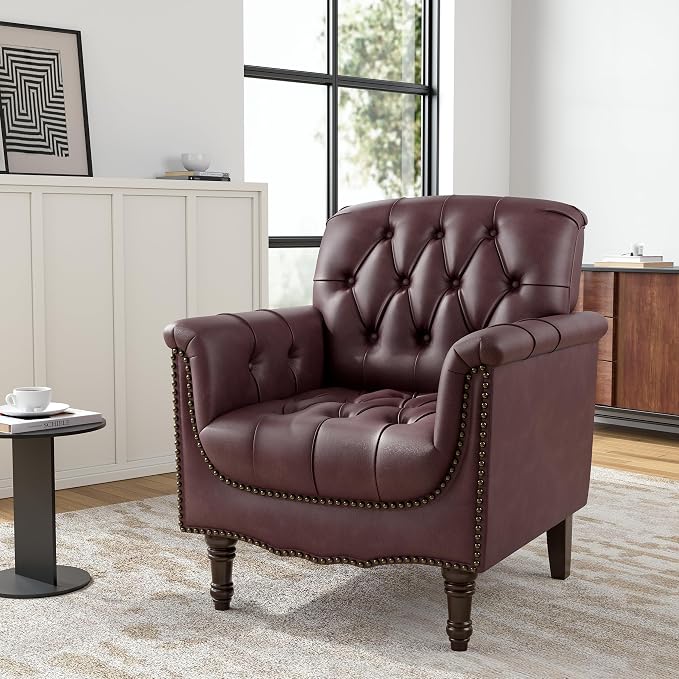 Faux Leather Club Chair, Retro Upholstered Armchair Accent Chair with Solid Wood Legs & Nailhead Trim for Living Room, Bedroom, Reading Room, Dark Red