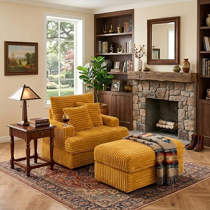 Eafurn 39" Corduroy Modular Accent Chair with Movable Ottoman, Comfy Living Room Armchair with Cup Holder, Soft Upholstered Wide Single Lounge Chaise Chair for Bedroom, Office or Reading Nook