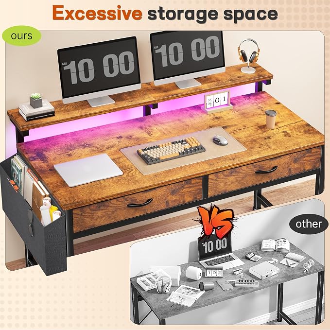 DurayLoly 47.3Inch Office Computer Desk with LED Lights & 2 Fabric Drawers, Gaming Desk with Side Pocket & Ergonomic Monitor Stand, Small Space Study Writing Table with Anti-Tip Design, Rustic Brown
