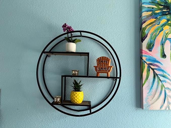 Admired By Nature, 23" Mounted Iron Circle Hanging Storage Shelving Floating Shelf 3 Tier Floating Circular Wall Decor Round Decorative Hanging Shelves, Sphere Shape Wall Shelf For Home, Black, 1 unit