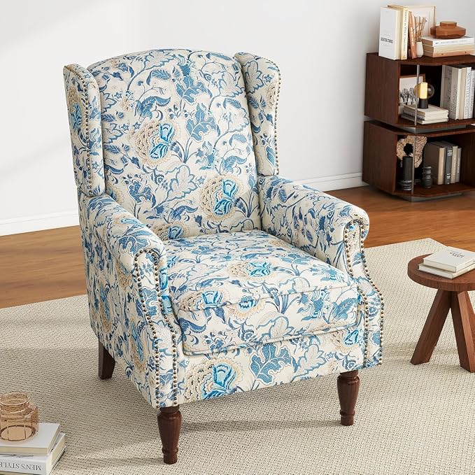 High Back Floral Accent Chair, Fabric Upholstered Armchair Wingback Arm Chair for Living Room, Nailhead Trim Single Sofa Bedroom Side Reading Seat with Retro Solid Wood Legs - Boho Blue