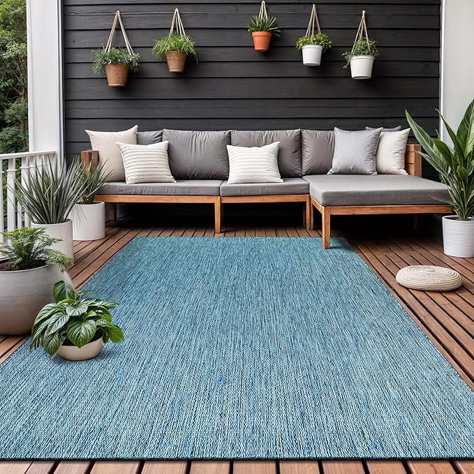 Washable Indoor Outdoor Rug Weather Resistant Carpet Modern Solid for Porch Deck Balcony Backyard Patio Rug 8x10 Aqua Blue