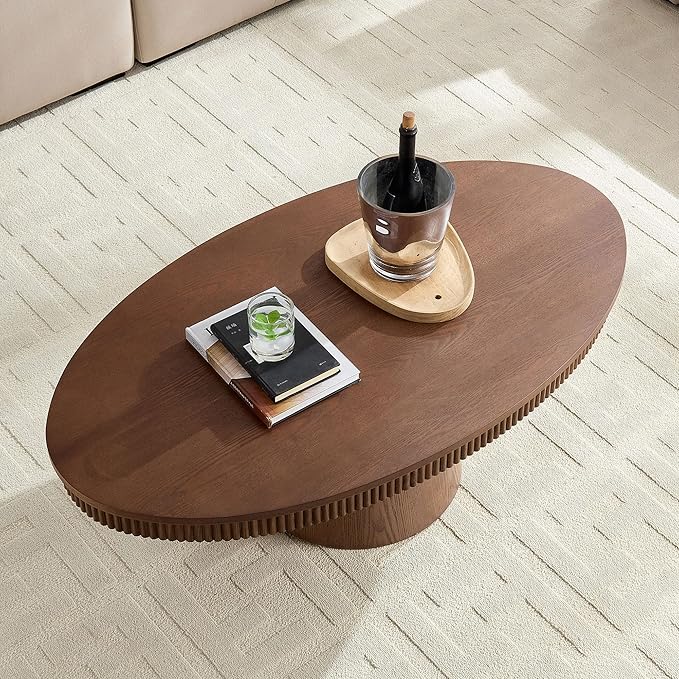 47.24" Oval Coffee Table Modern Handcraft Drum Center Table with Sturdy Pedestal for Living Room Apartment, Walnut