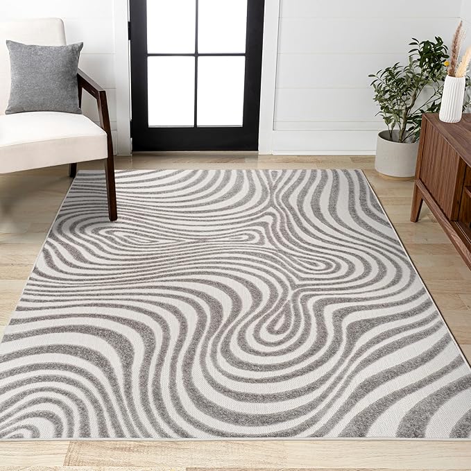 JONATHAN Y Maribo High-Low Abstract Striped Gray/Ivory 6x9 Indoor/Outdoor Area Rug, Pet Friendly, Non-Shedding, Stain Resistant, Easy-Cleaning for Backyard, Patio, Porch (SCN103B-6)