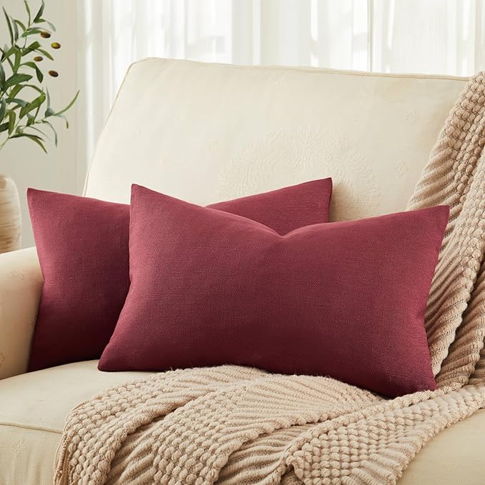 ZeeMart Rustic Cotton Linen Lumbar Throw Pillow Covers Set of 2, 12x20 Inch Burgundy, Farmhouse Style Decorative Couch Pillow Cases Cushion Covers for Sofa Bed Living Room Home Decor