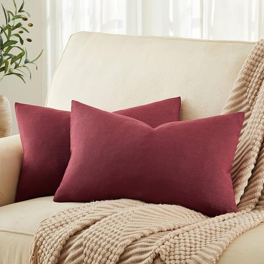 ZeeMart Rustic Cotton Linen Lumbar Throw Pillow Covers Set of 2, 12x20 Inch Burgundy, Farmhouse Style Decorative Couch Pillow Cases Cushion Covers for Sofa Bed Living Room Home Decor