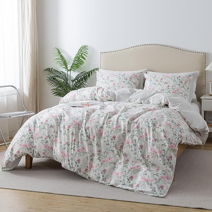 HoneiLife Cotton Duvet Cover King - Botanical Comforter Cover, 3-PC Bedlinen for Set with Zipper Closure & Corner Ties, Sweat-Absorption Comforter Cover Sets, Fuchsia‌
