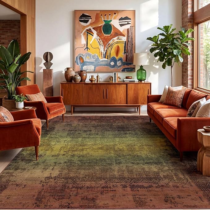 Kokia Abstract Terracotta Area Rugs 8x10 Bedroom Soft Living Room Rugs Washable Distressed Vintage Comfy Carpet with Non-Slip Backing for Farmhouse Home Office Room Decor, Brown and Tan